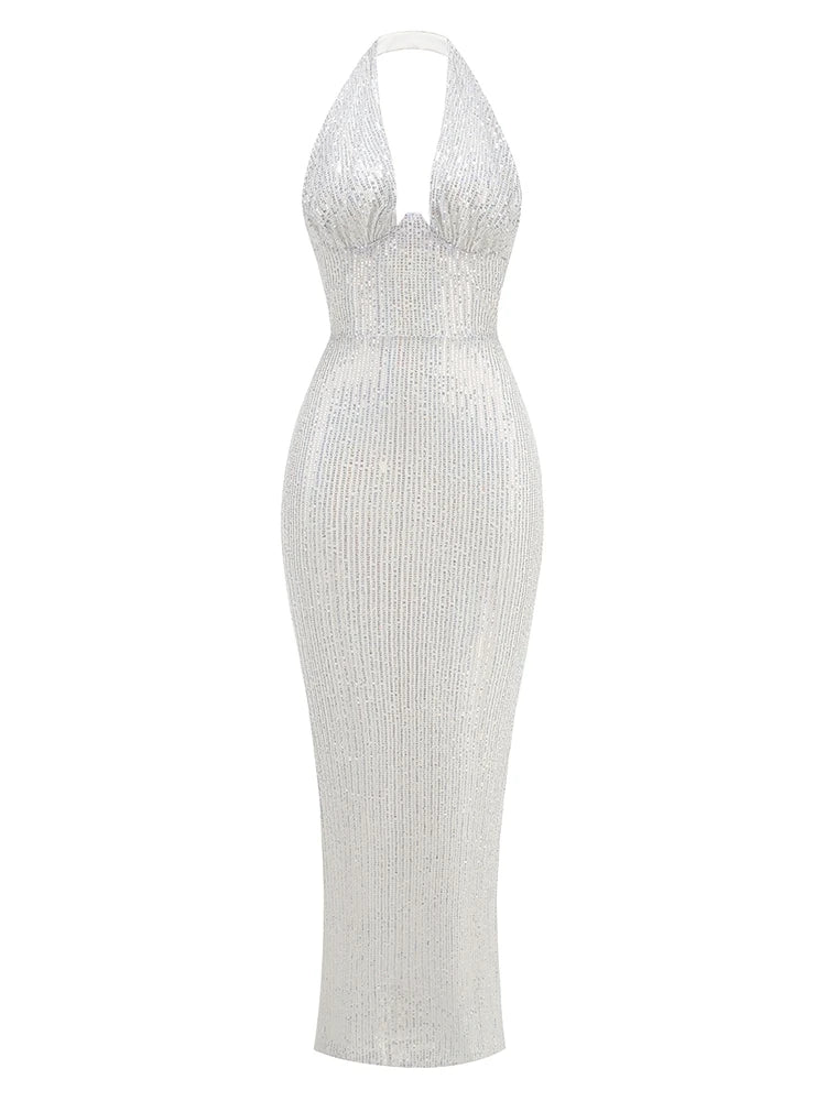 Glamour Green Sequin Halter Maxi Dress – Deep V Celebrity Gown