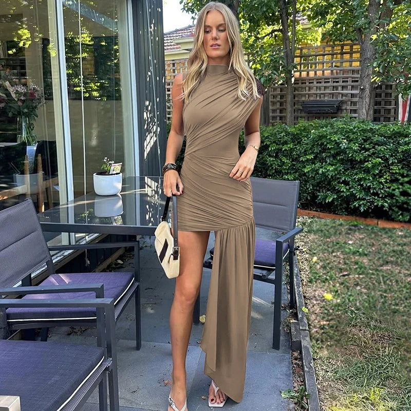 High Waist Ruched Mini Dress – Turtleneck Sleeveless Party Look
