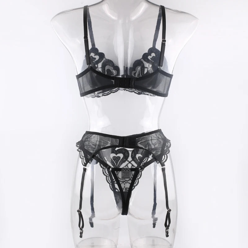 Women Sexy Black Embriodery Lingerie 3pcs Sets Hot Heart Pattern Fancy Bra And Panties With Garter Set Erotic Underwear Suits