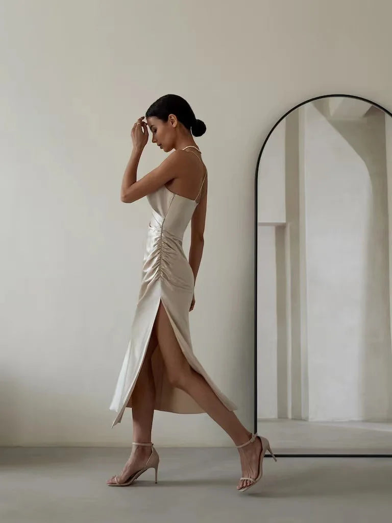 High Split Satin Dress – Sexy Camisole Formal Gown for Weddings & Events