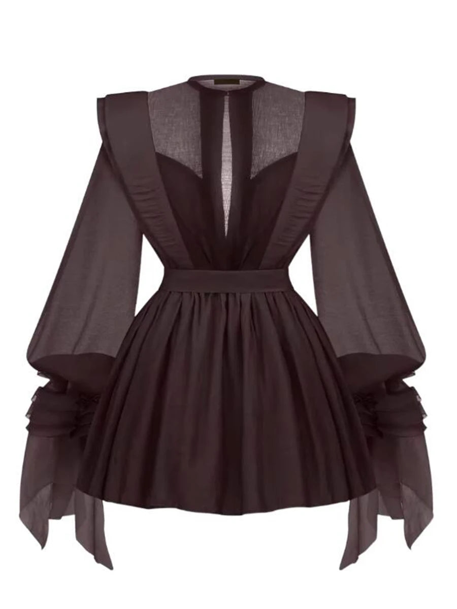 High Waist Solid Spliced Dress with Lace-Up Detail