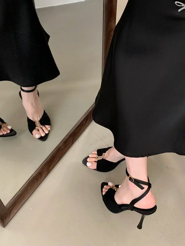Aneikeh Elegant Pointed Toe High Heel Mules – Pleated Design Sandals