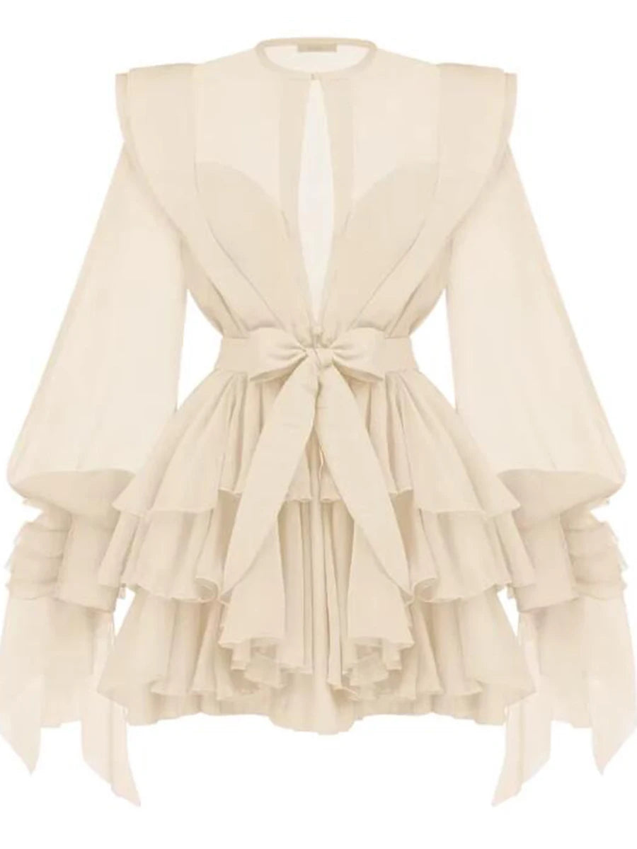 High Waist Solid Spliced Dress with Lace-Up Detail