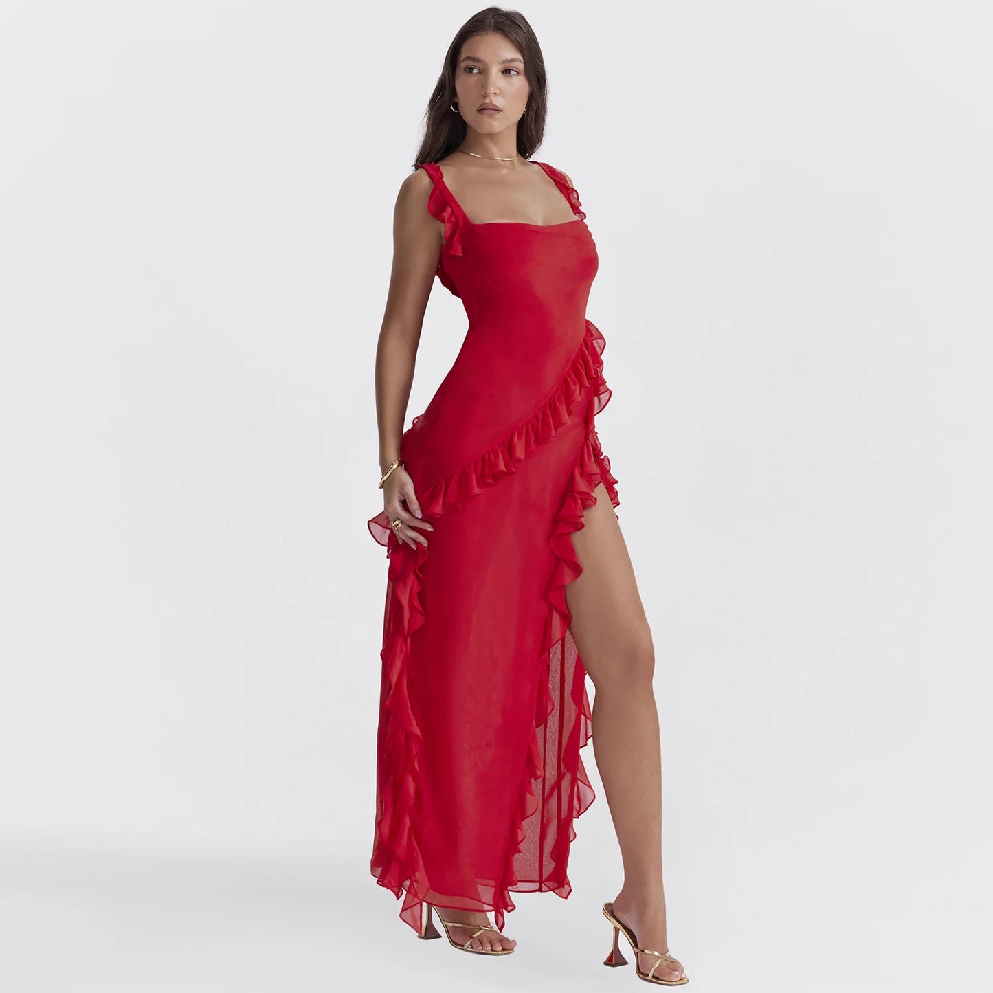 Elegant Red High Slit Maxi Dress – Backless Formal Party Dress for Women