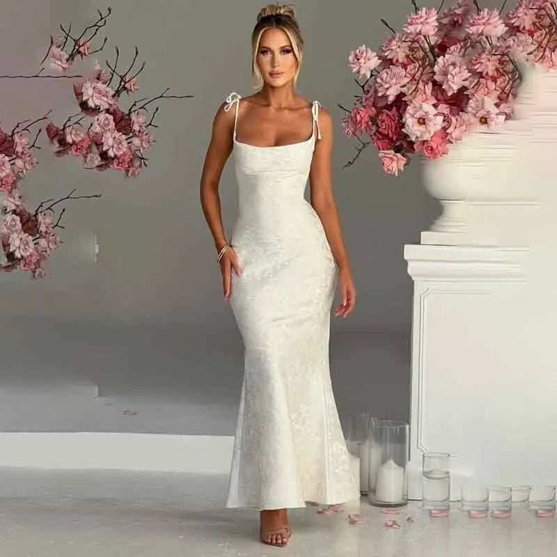 Elegant Bodycon Party Dress – White Jacquard Backless Maxi Dress by NIDANSSI