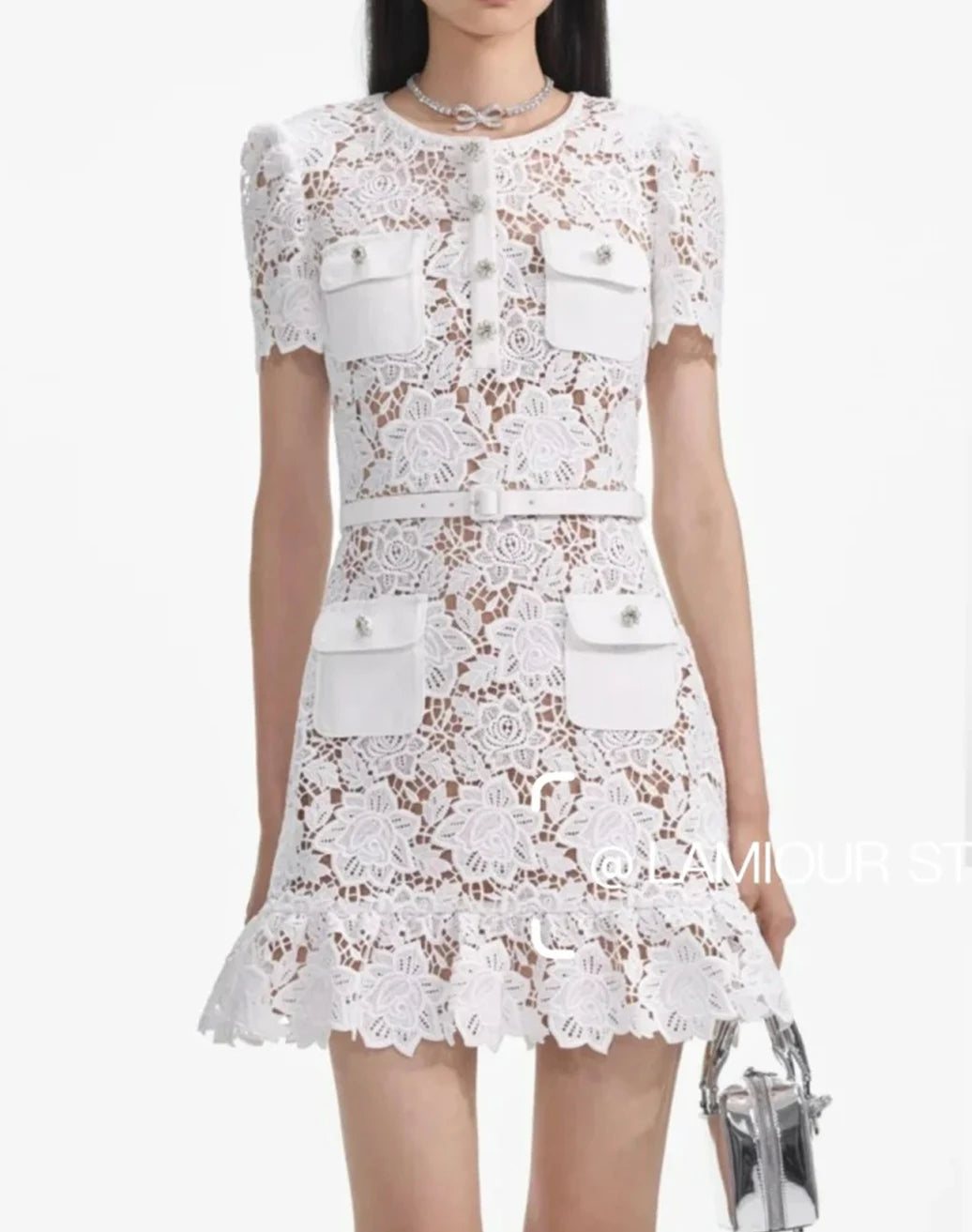 Elegant Street Style: Blue Lace Hollow Out Bodycon Dress with Belt
