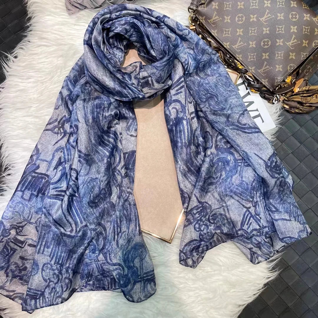 Elegant Blue Graffiti Silk Shawl – Neck & Head Scarf for All Seasons