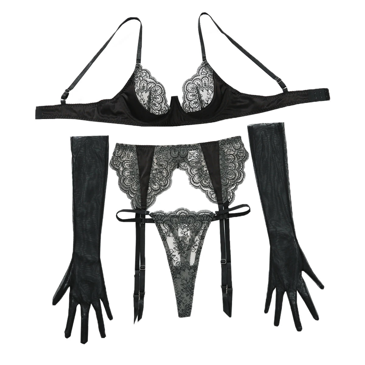Ellolace Lace Sexy Lingerie Set With Long Glove Attractive Chest Suspenders Ensemble Lingeries Femmes Delicate Lace Underwear