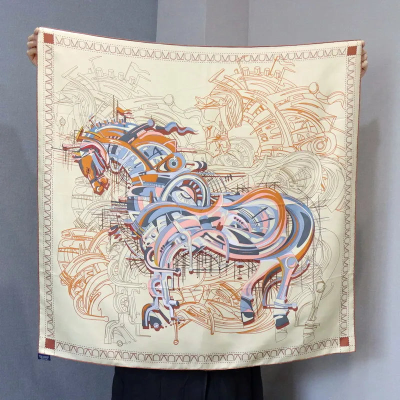 Elegant 90CM Natural Silk Bandana – Horse Design Head & Bag Scarf for Women