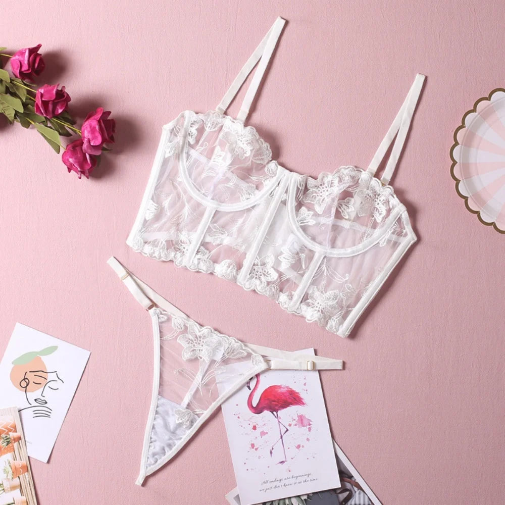 Fancy White Floral Mesh Lingerie – 2-Piece Erotic Intimate Set