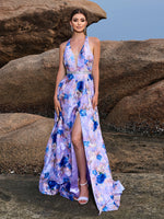 Sexy Print Slit Dress – Halter Neck & Backless Style for Cocktail Evenings