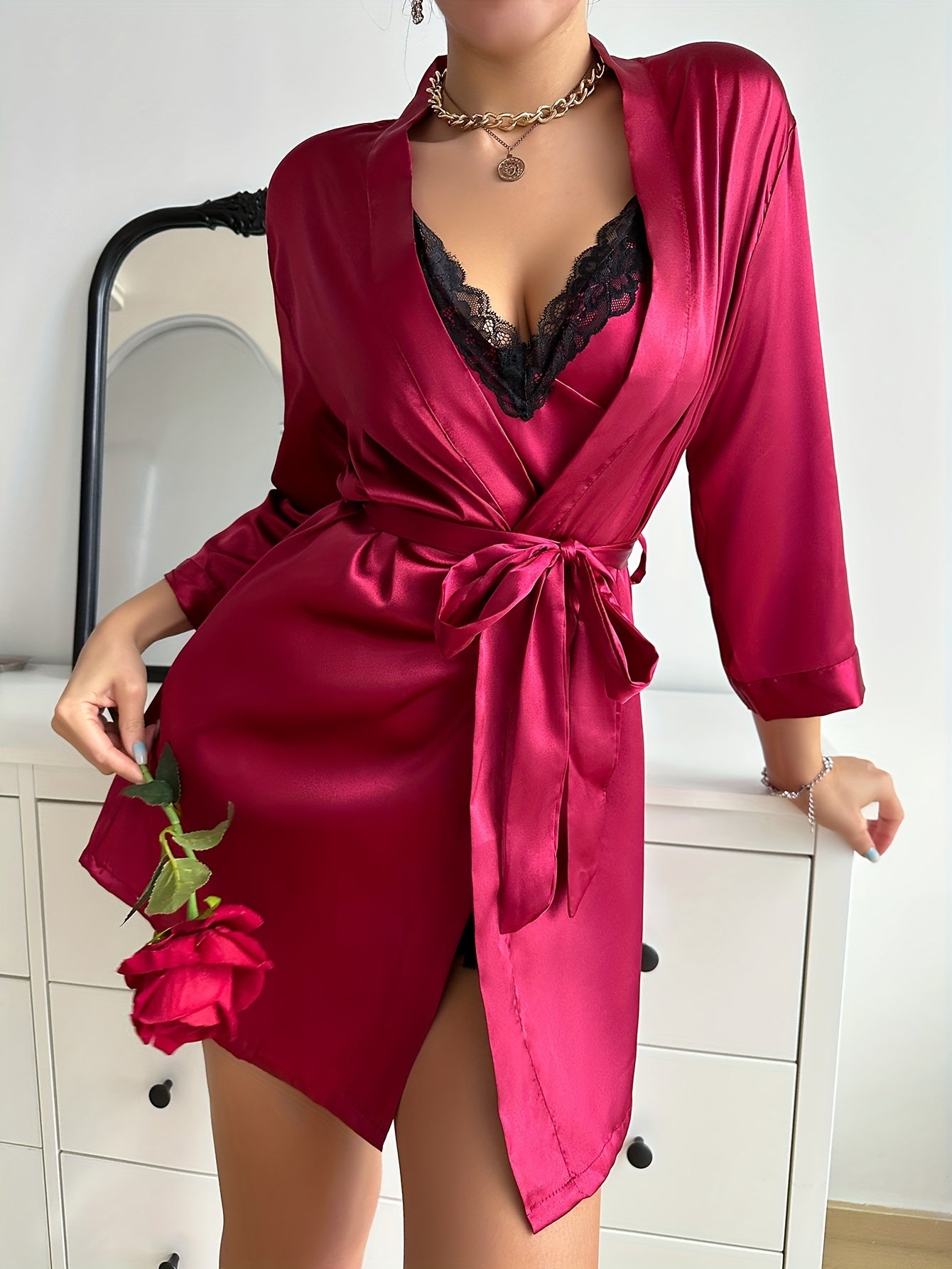 Allure 2-Piece Satin Sleep Set – V-Neck Slip Dress & Belted Robe for Elegant All-Season Loungewear