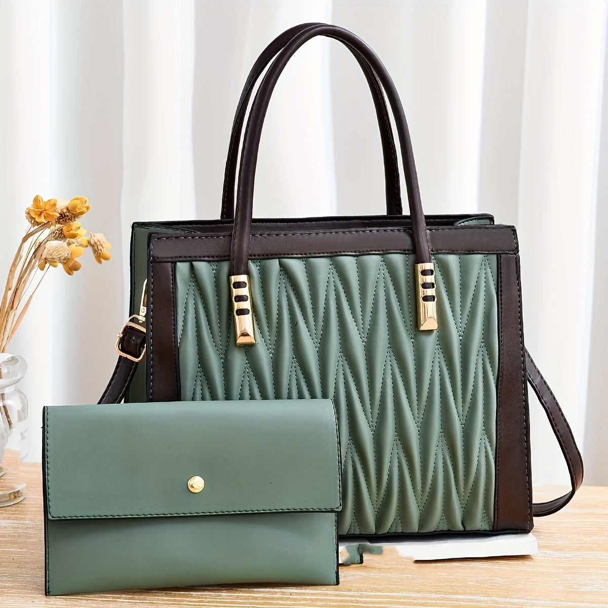 2pcs Quilted Colorblock Tote & Clutch Set – Stylish Crossbody Handbag Combo for Women
