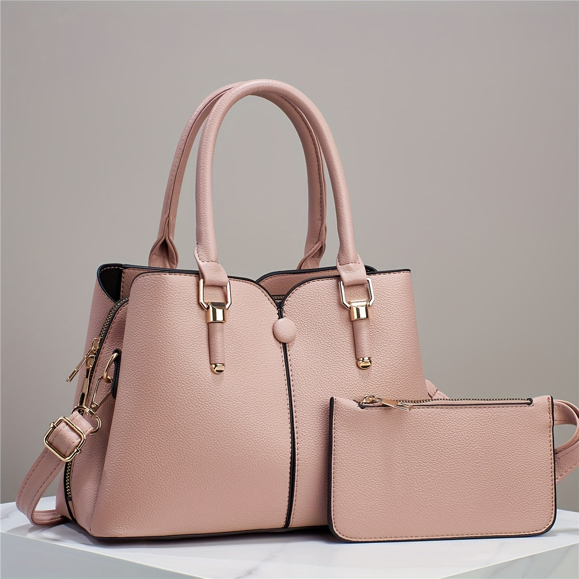 Versatile 2pcs Tote & Clutch Set – Solid Color Crossbody Bag for Shopping & Daily Use
