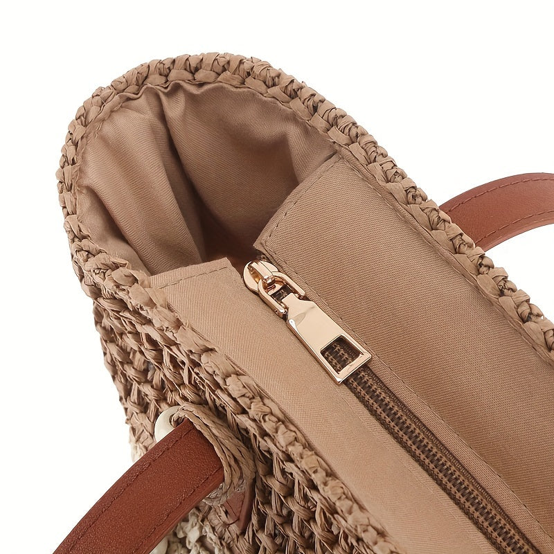 Two-Tone Straw Shoulder Bag – Stylish Handwoven Beach Tote with Tassel & Brown Handles