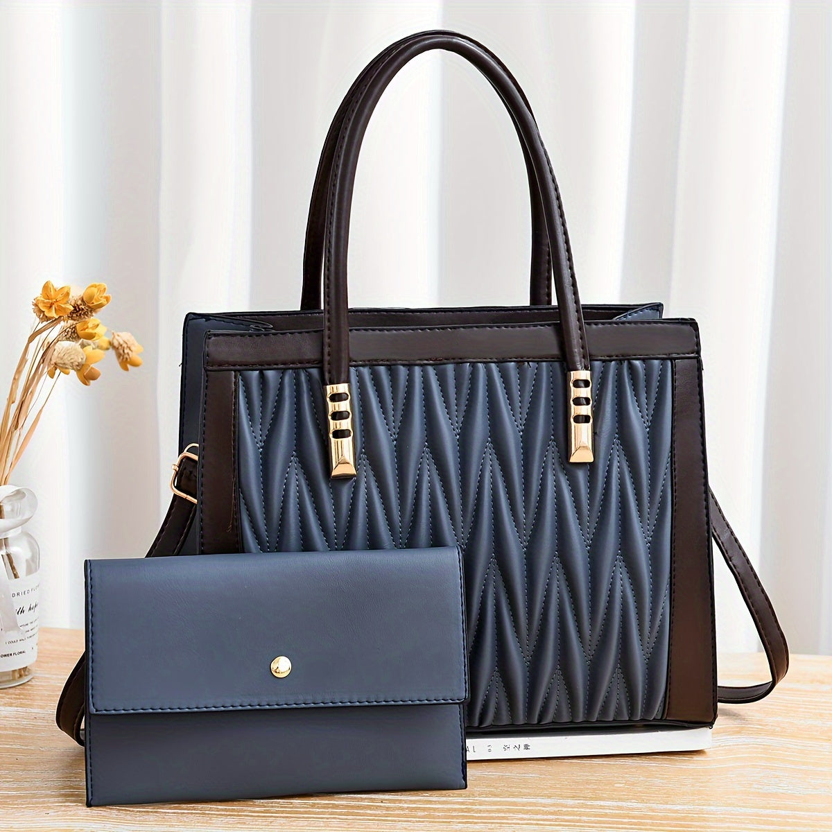 2pcs Quilted Colorblock Tote & Clutch Set – Stylish Crossbody Handbag Combo for Women