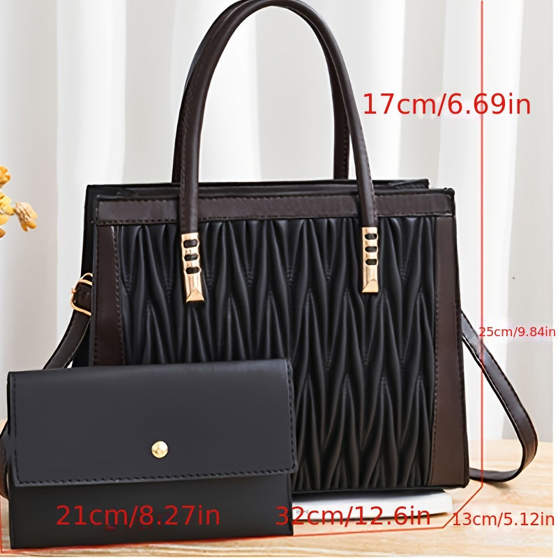 2pcs Quilted Colorblock Tote & Clutch Set – Stylish Crossbody Handbag Combo for Women