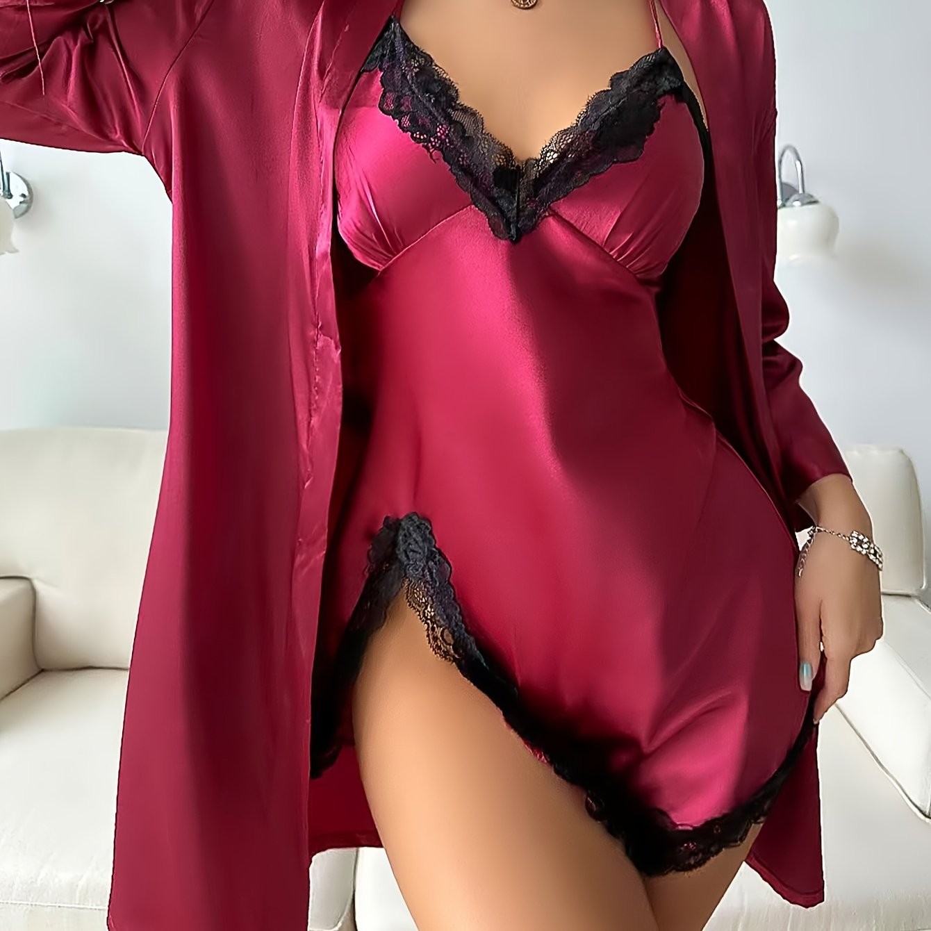Allure 2-Piece Satin Sleep Set – V-Neck Slip Dress & Belted Robe for Elegant All-Season Loungewear