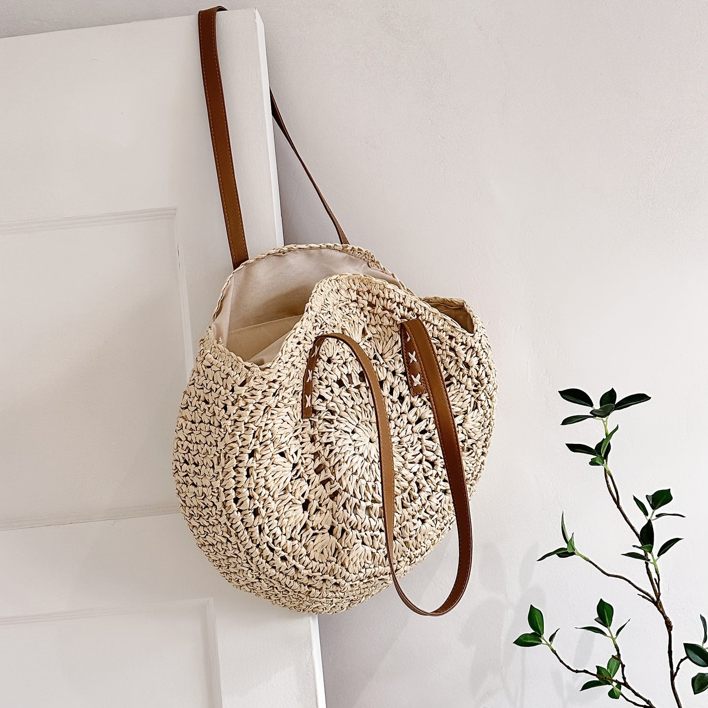Vintage-Inspired Round Straw Bag – Portable Handwoven Beach Tote with Dual Handles
