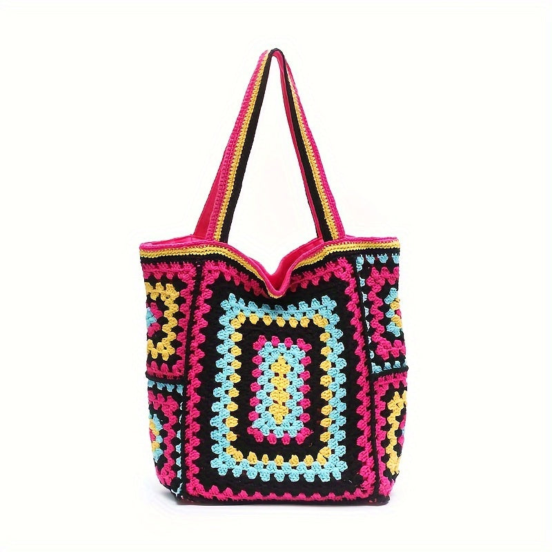 Retro Contrast Boho Tote – Large Capacity Bag for Work, Travel & Everyday Use