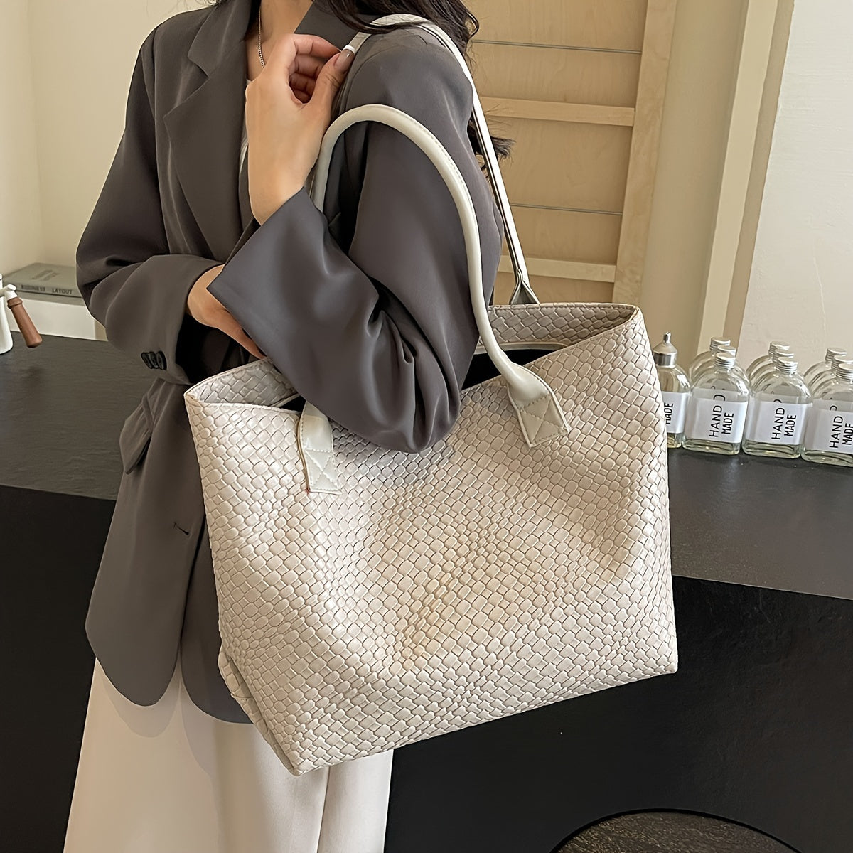 Women’s Summer Handwoven Tote – Casual Large Capacity Beach Bag (Khaki)