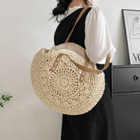 Vintage-Inspired Round Straw Bag – Portable Handwoven Beach Tote with Dual Handles
