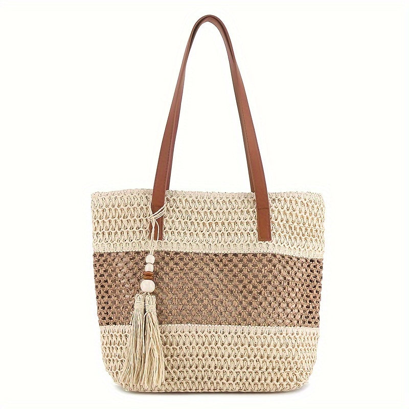 Two-Tone Straw Shoulder Bag – Stylish Handwoven Beach Tote with Tassel & Brown Handles