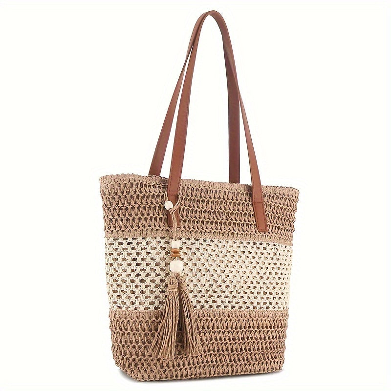 Two-Tone Straw Shoulder Bag – Stylish Handwoven Beach Tote with Tassel & Brown Handles