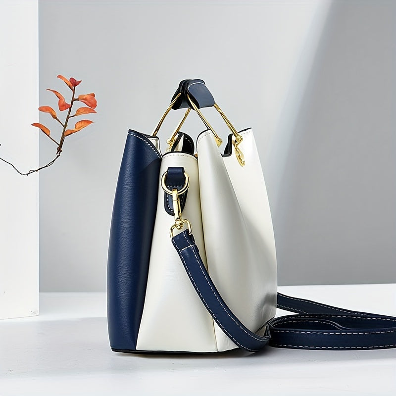 Waterproof Faux Leather Tote – 2024 Colorblock Shoulder Bag with Adjustable Strap