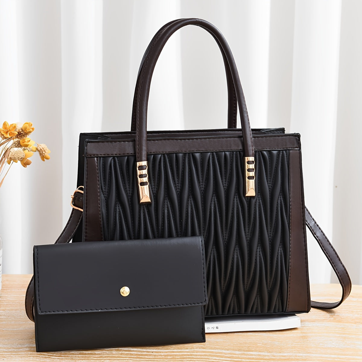 2pcs Quilted Colorblock Tote & Clutch Set – Stylish Crossbody Handbag Combo for Women