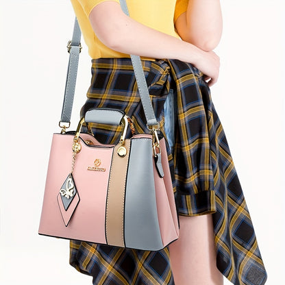 Waterproof Faux Leather Tote – 2024 Colorblock Shoulder Bag with Adjustable Strap