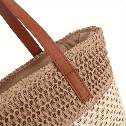 Two-Tone Straw Shoulder Bag – Stylish Handwoven Beach Tote with Tassel & Brown Handles