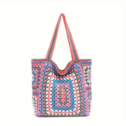 Retro Contrast Boho Tote – Large Capacity Bag for Work, Travel & Everyday Use