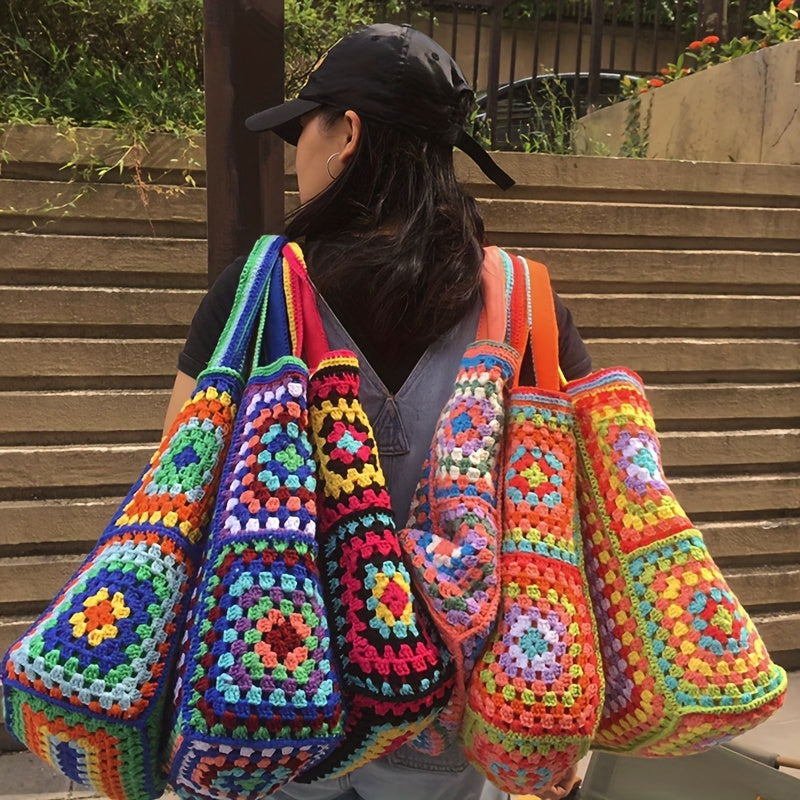 Retro Contrast Boho Tote – Large Capacity Bag for Work, Travel & Everyday Use