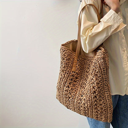 Stylish Straw Beach Bag – Boho-Inspired Shoulder Tote with Secure Zip & Lining