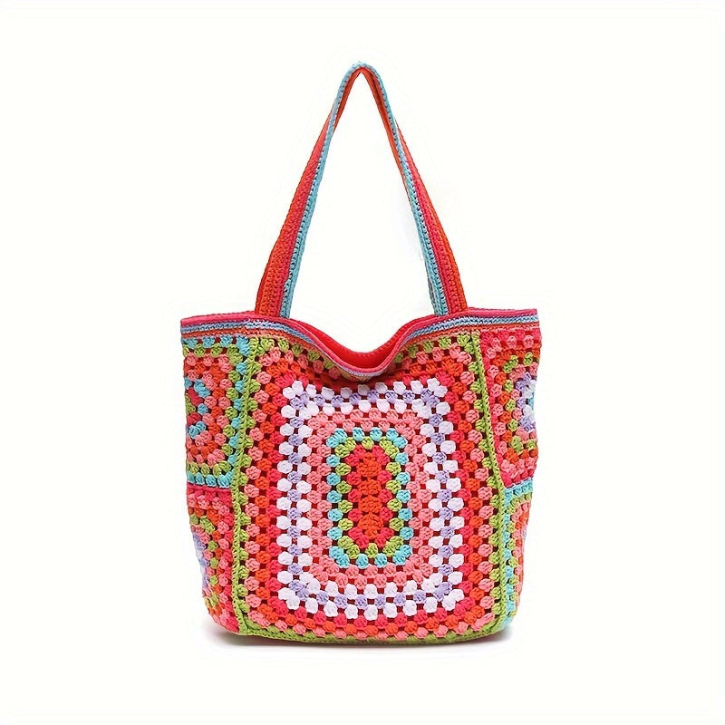 Retro Contrast Boho Tote – Large Capacity Bag for Work, Travel & Everyday Use