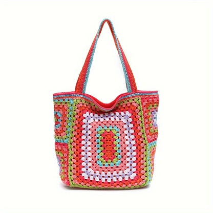 Retro Contrast Boho Tote – Large Capacity Bag for Work, Travel & Everyday Use