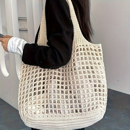 Retro Y2K Woven Beach Tote – Breathable Large Shoulder Bag for Summer & Travel