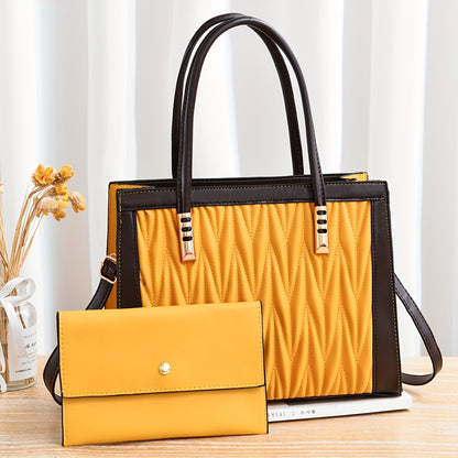 2pcs Quilted Colorblock Tote & Clutch Set – Stylish Crossbody Handbag Combo for Women