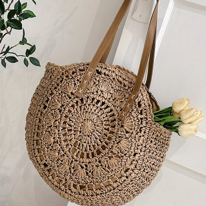 Vintage-Inspired Round Straw Bag – Portable Handwoven Beach Tote with Dual Handles