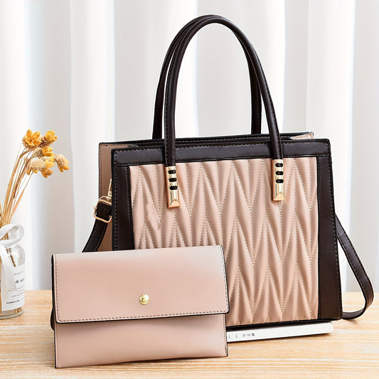 2pcs Quilted Colorblock Tote & Clutch Set – Stylish Crossbody Handbag Combo for Women