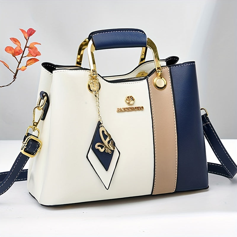 Waterproof Faux Leather Tote – 2024 Colorblock Shoulder Bag with Adjustable Strap