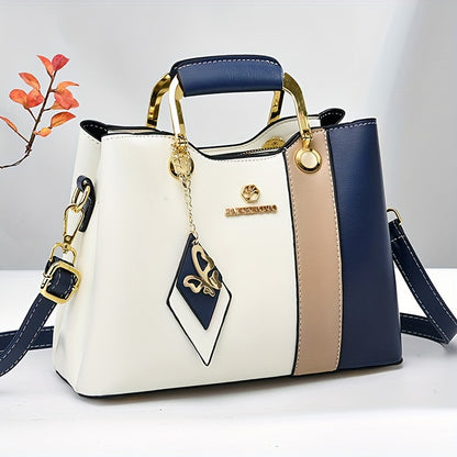 Waterproof Faux Leather Tote – 2024 Colorblock Shoulder Bag with Adjustable Strap