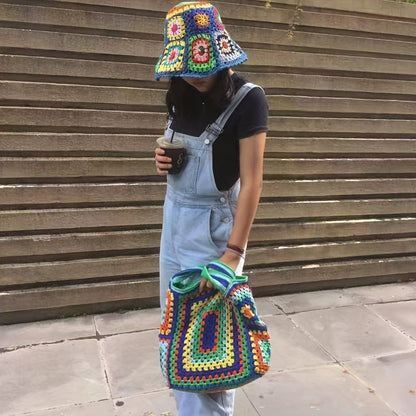 Retro Contrast Boho Tote – Large Capacity Bag for Work, Travel & Everyday Use