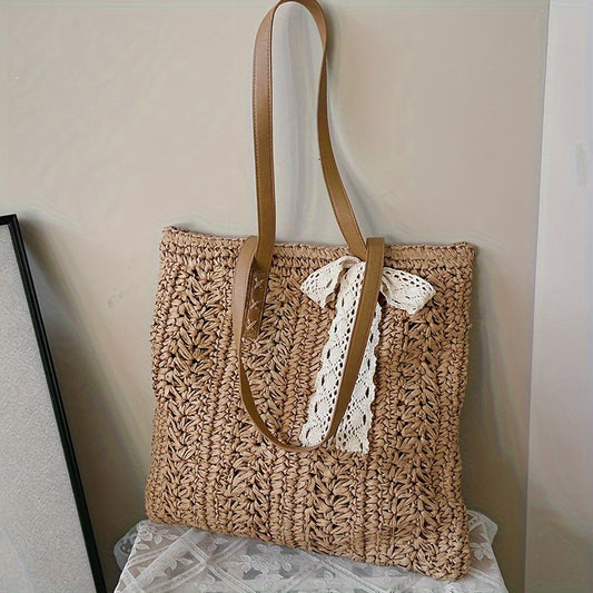 Stylish Straw Beach Bag – Boho-Inspired Shoulder Tote with Secure Zip & Lining