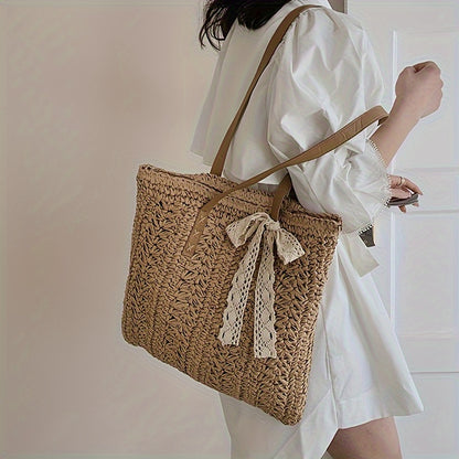 Stylish Straw Beach Bag – Boho-Inspired Shoulder Tote with Secure Zip & Lining