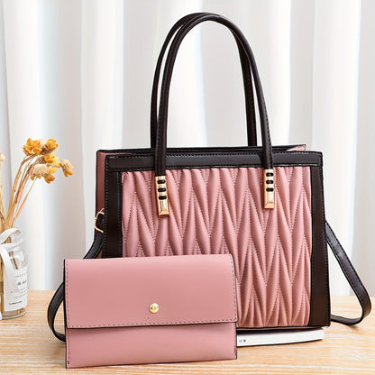 2pcs Quilted Colorblock Tote & Clutch Set – Stylish Crossbody Handbag Combo for Women