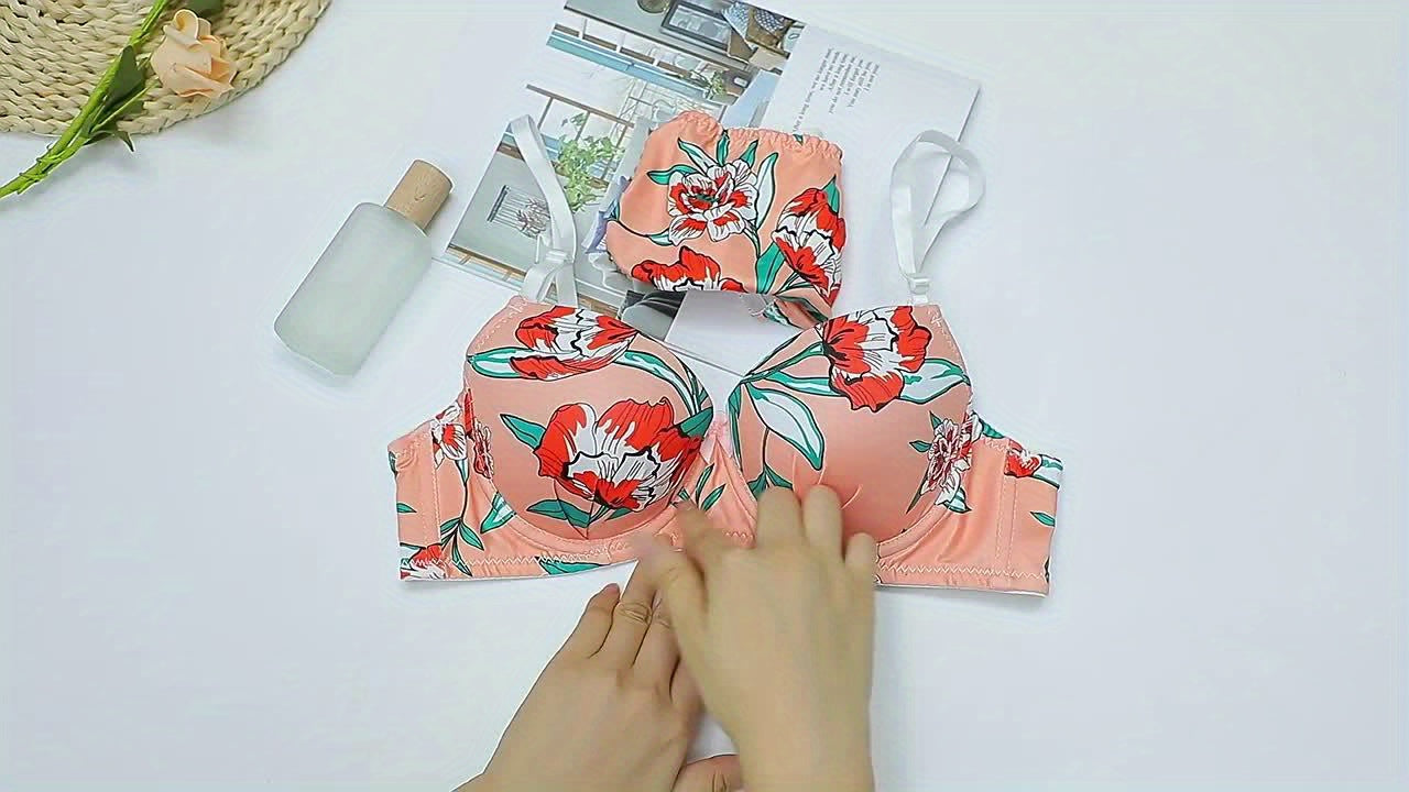Romantic Floral Print Lingerie Set – Spaghetti Strap Bra with Bow Accent & Matching Panty