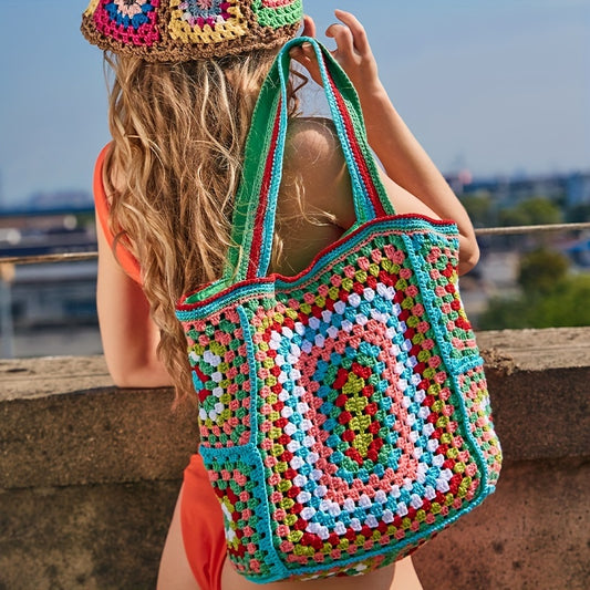 Retro Contrast Boho Tote – Large Capacity Bag for Work, Travel & Everyday Use