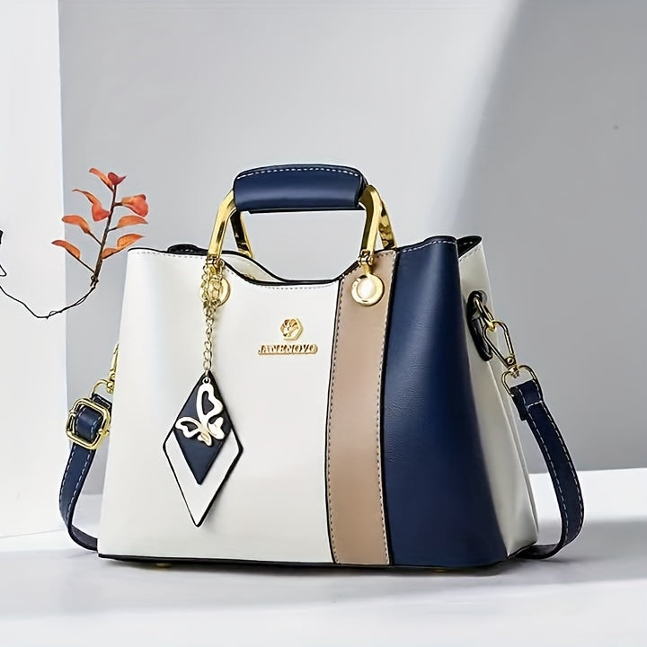Waterproof Faux Leather Tote – 2024 Colorblock Shoulder Bag with Adjustable Strap
